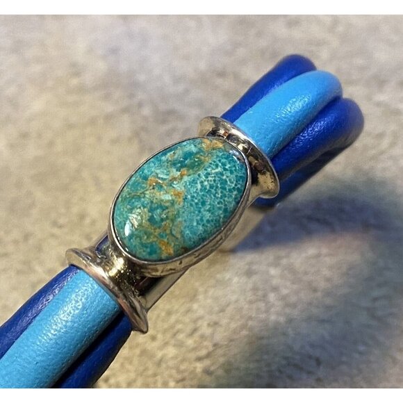 Two-Tone Blue Leather Wrap Bracelet Silverplated Fittings & Turquoise Cabochon S - Picture 5 of 10